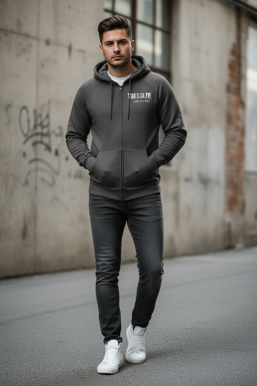 Cement Gray TRAILBLZR Zip-up Hoodie on Model