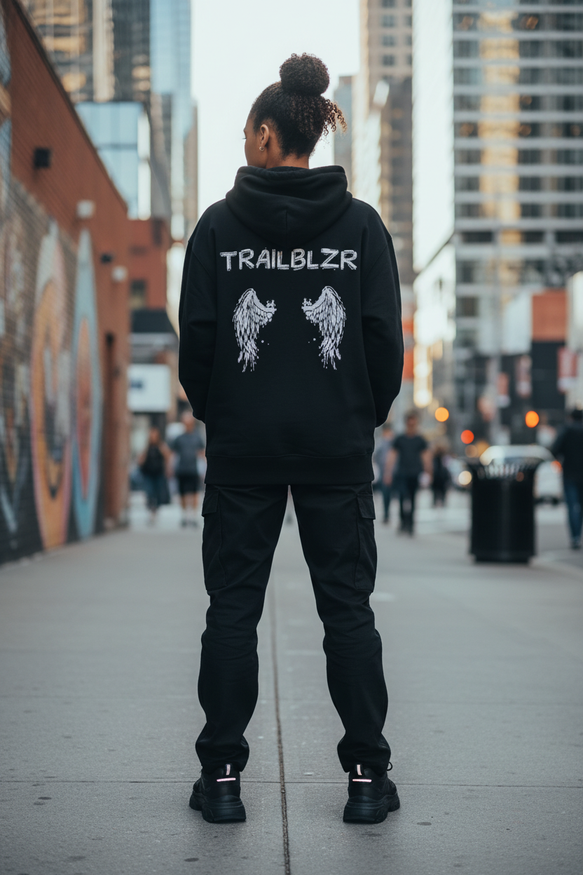 Female Model Black Hoodie Back View