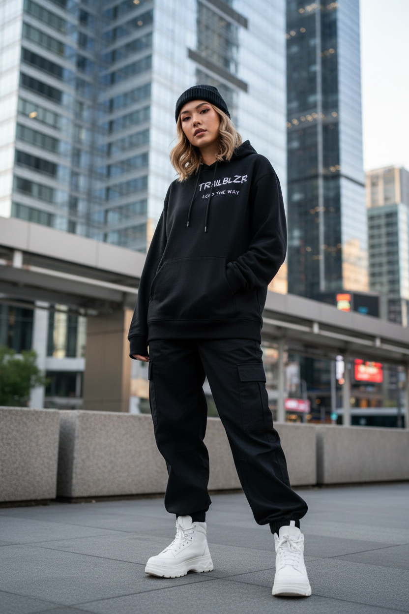 Female Model Black Hoodie Front Corrected